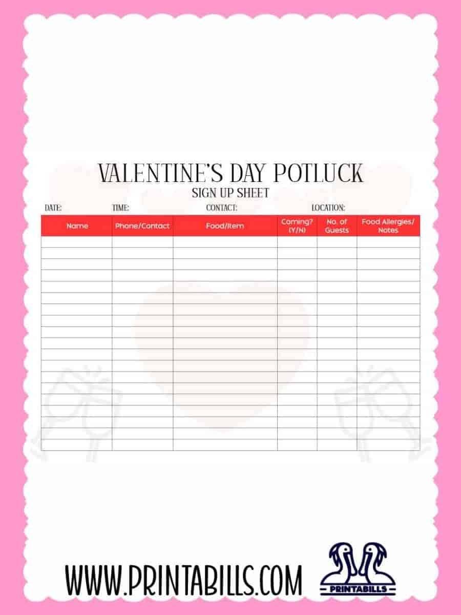 Valentine's Day Potluck Sign Up Sheet PDF Printable