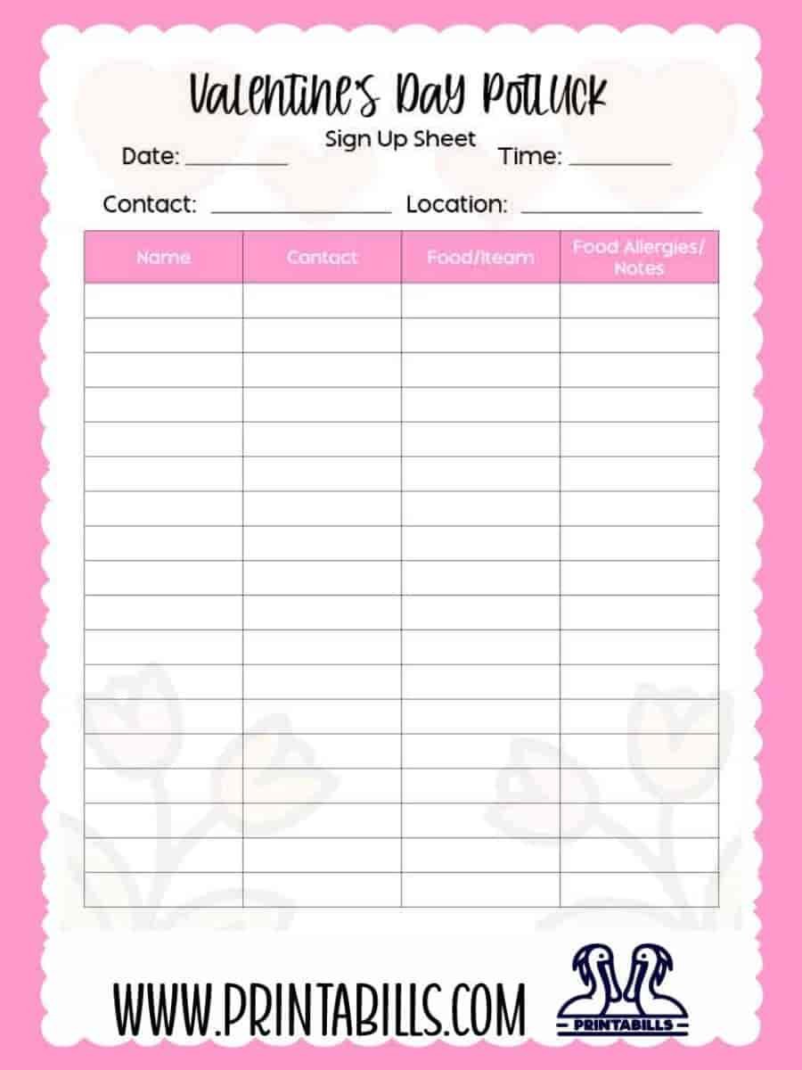 Valentine's Day Party Potluck Sign Up Sheet Printable
