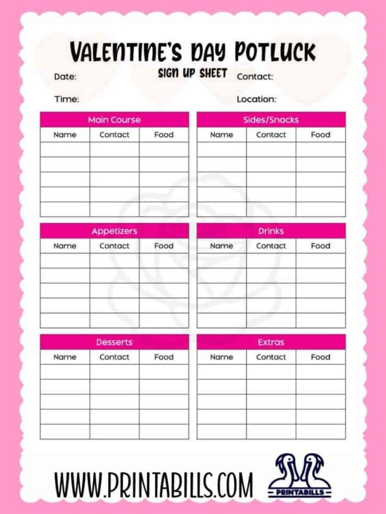 Valentine's Day Potluck Sign Up Sheet Template Printable