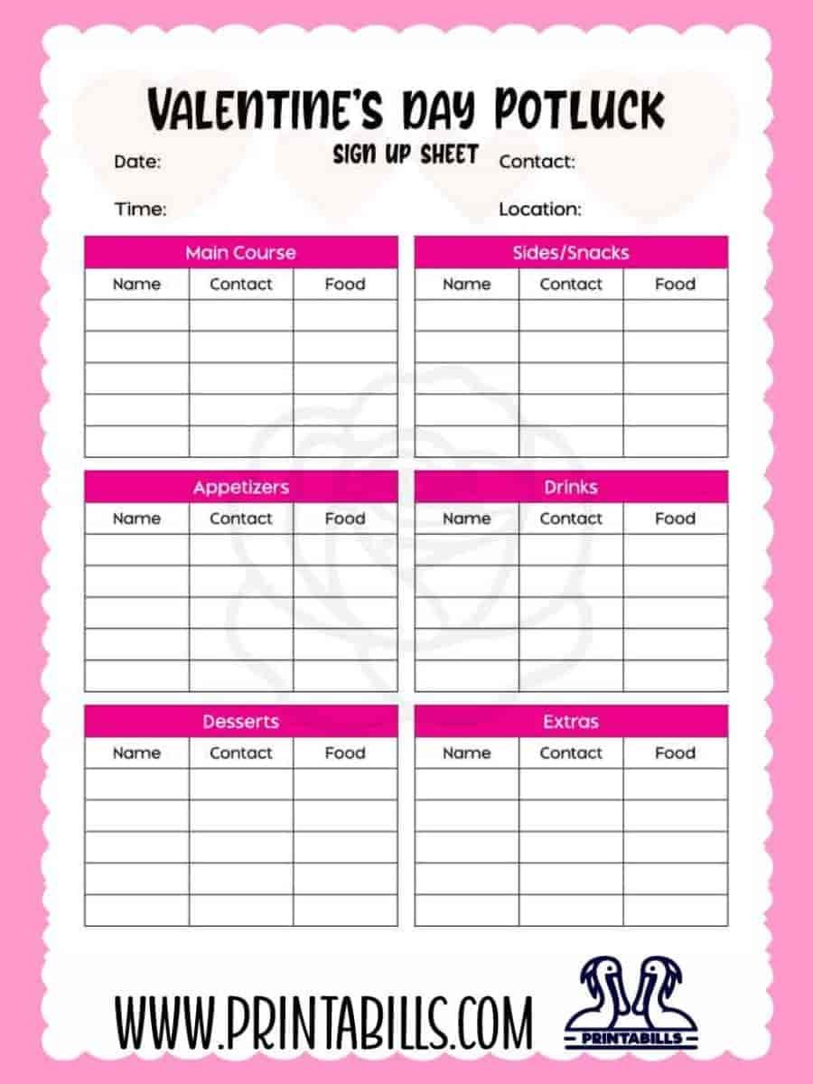 Valentine's Day Potluck Sign Up Sheet Template Printable