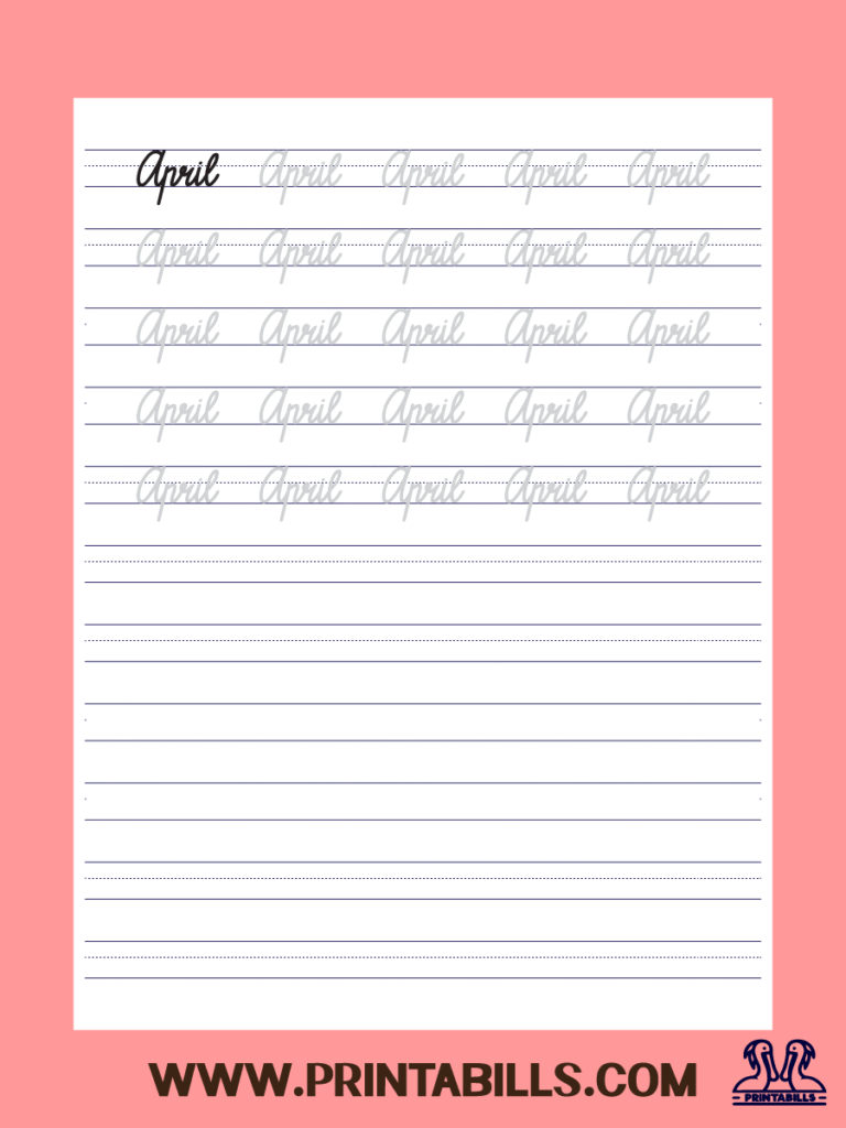 April Cursive Month Of The Year Tracing Sheet Printable