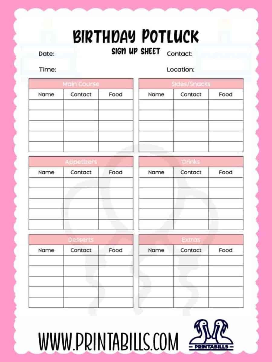 Birthday Potluck Sign Up Sheet Template Printable