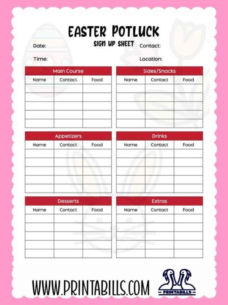 Easter Potluck Sign Up Sheet Template Printable