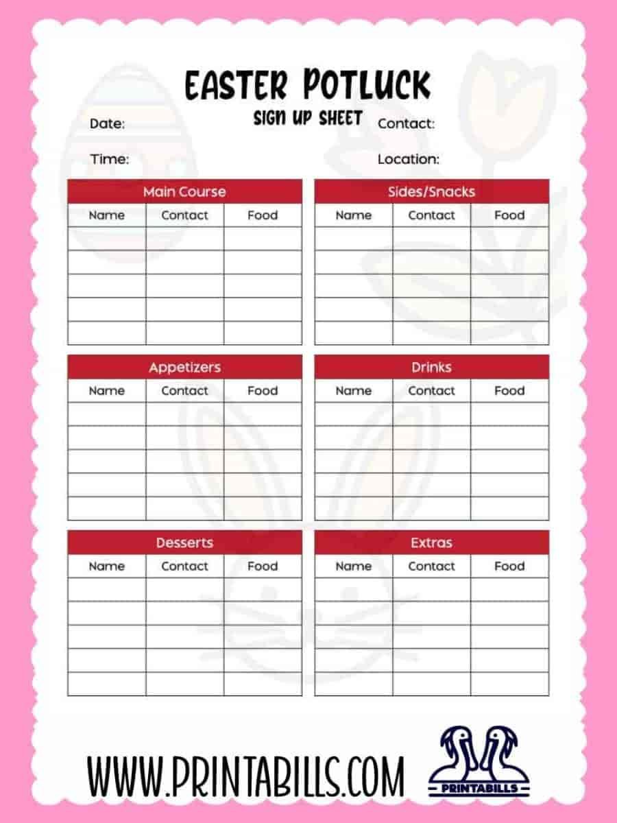 Easter Potluck Sign Up Sheet Template Printable