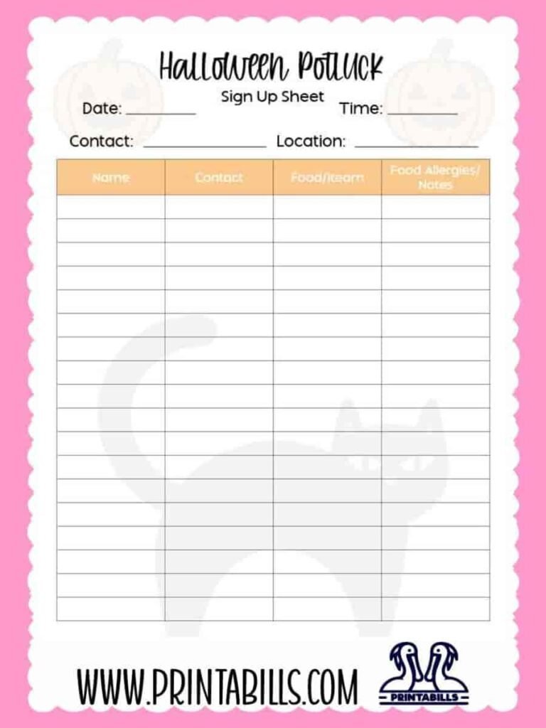 Halloween Potluck Sign Up Sheet Printable