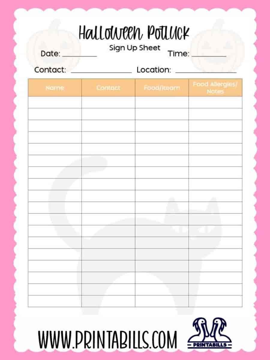 Halloween Potluck Sign Up Sheet Printable