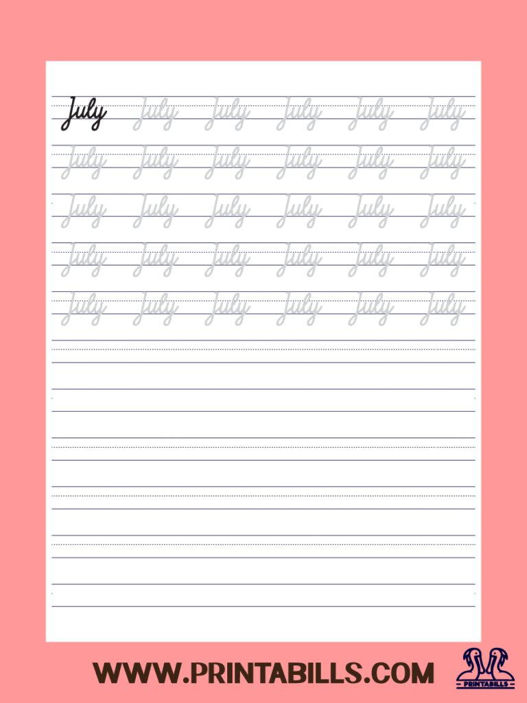 July Cursive Month Of The Year Tracing Sheet Printable