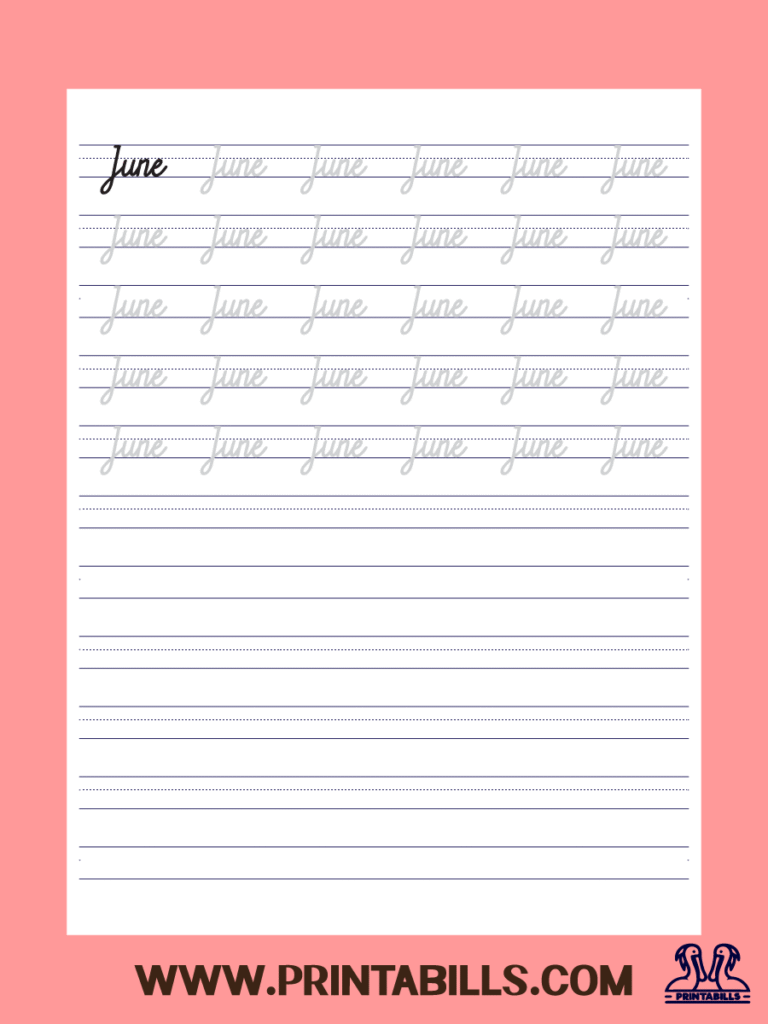 June Cursive Month Of The Year Tracing Sheet Printable