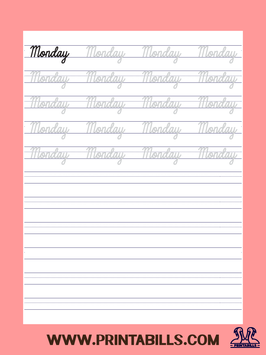 Monday Cursive Tracing Practice Sheet Printable
