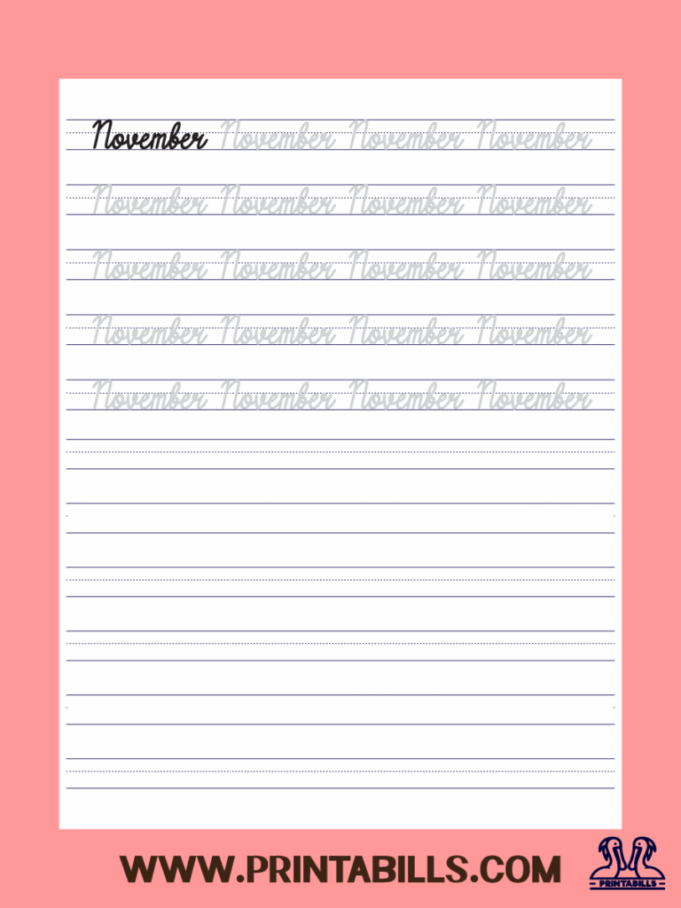November Cursive Month Of The Year Tracing Sheet Printable