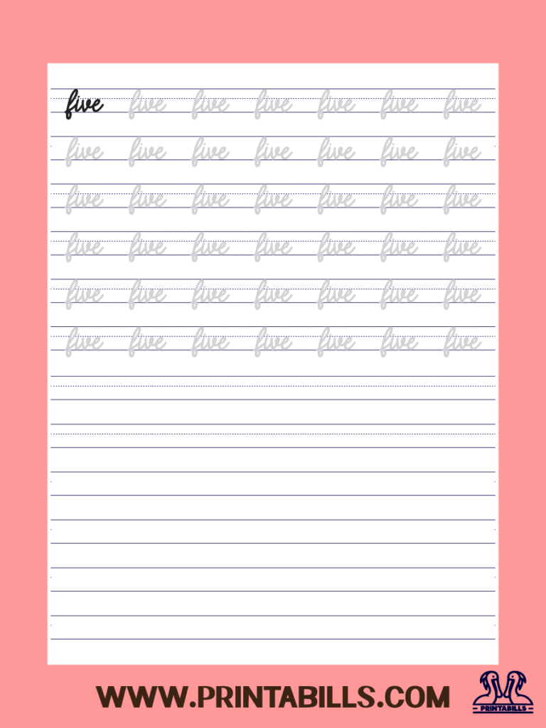 Number Five Cursive Tracing Sheet Printable