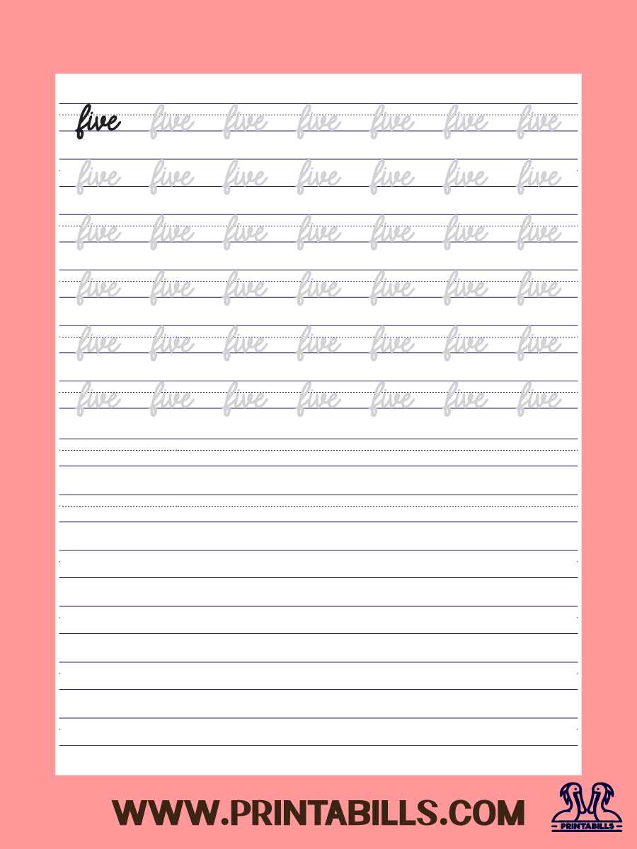 Number Five Cursive Tracing Sheet Printable