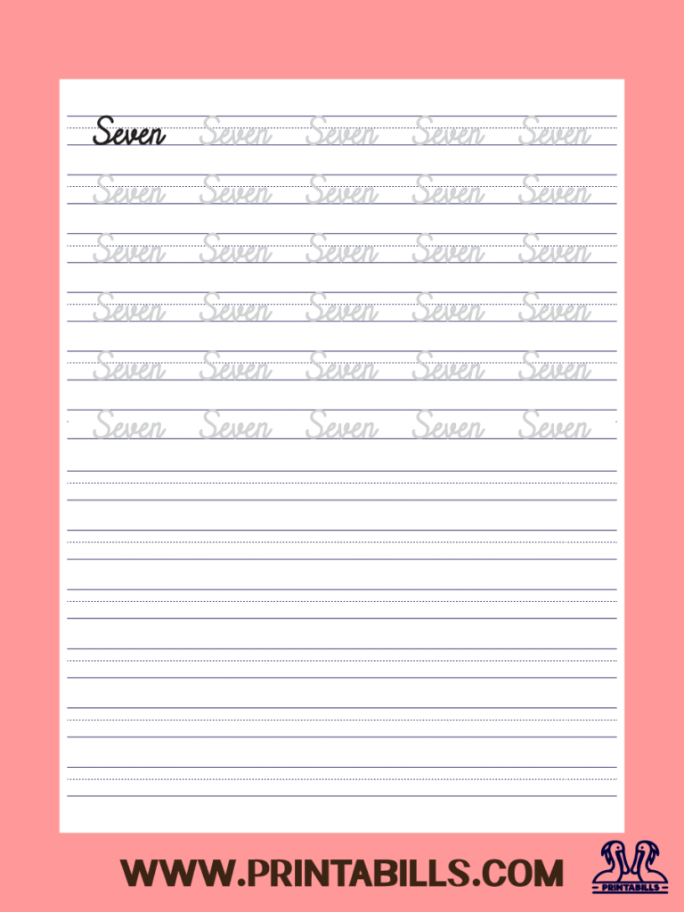 Number Seven Cursive Tracing Sheet Printable