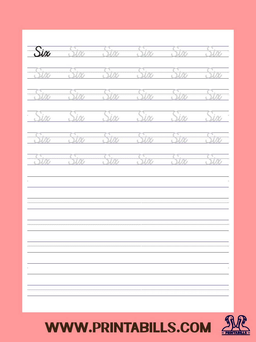 Number Six Cursive Tracing Sheet Printable
