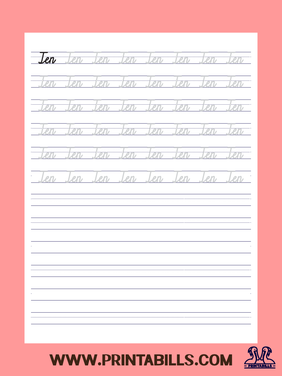 Number Ten Cursive Tracing Sheet Printable