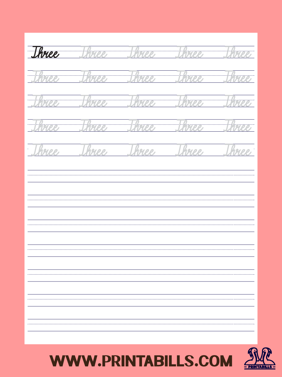 Number Three Cursive Tracing Sheet Printable