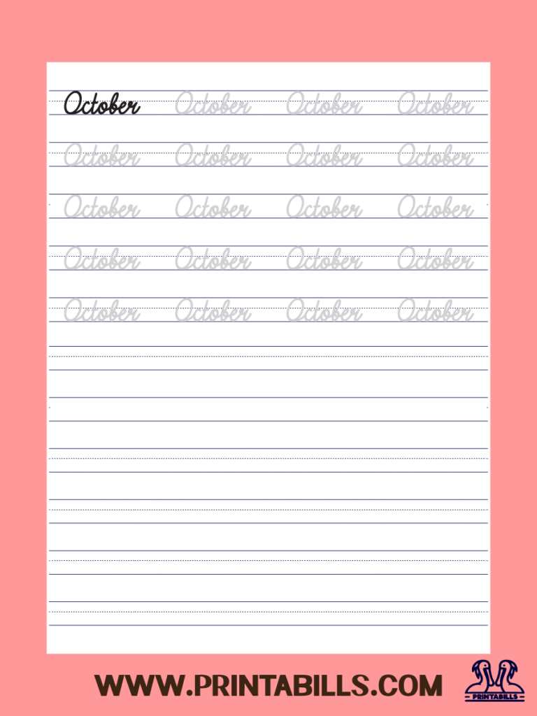 October Cursive Month Of The Year Tracing Sheet Printable