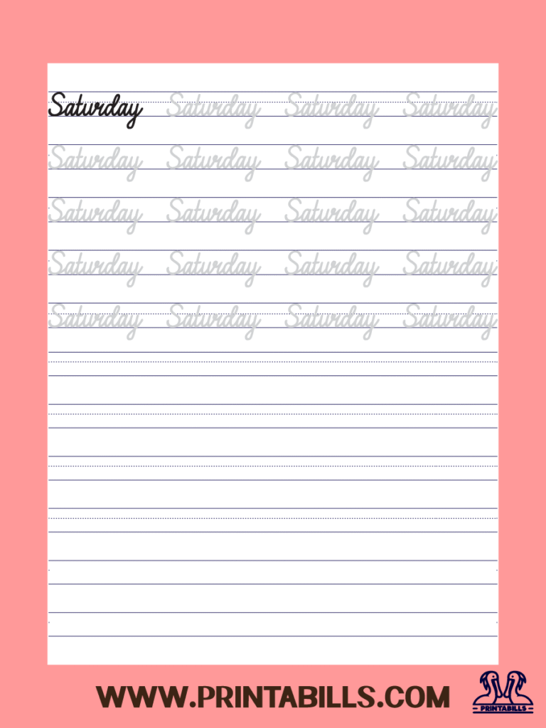 Saturday Cursive Tracing Practice Sheet Printable
