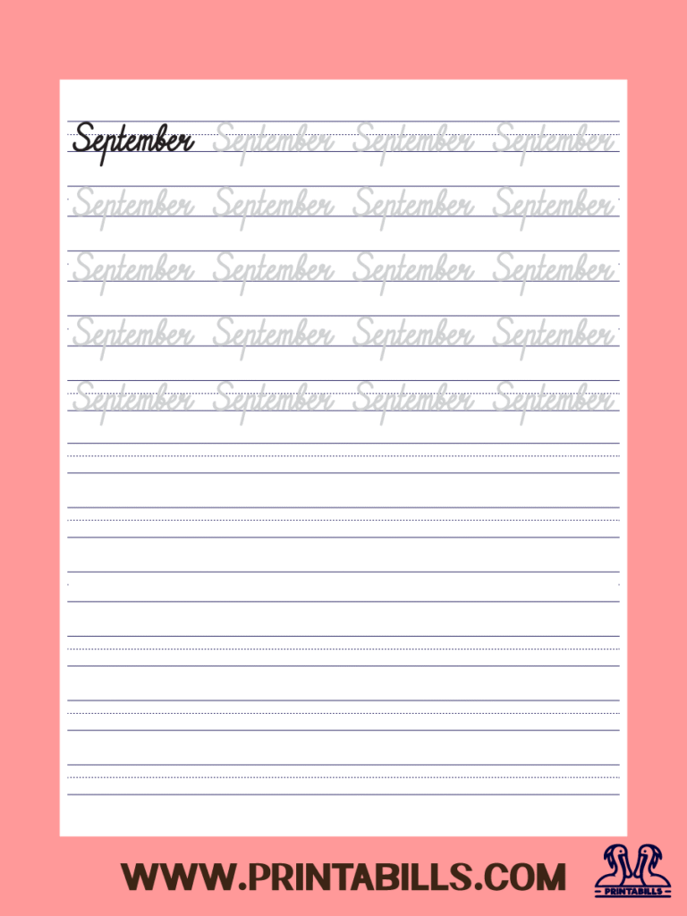 September Cursive Month Of The Year Tracing Sheet Printable