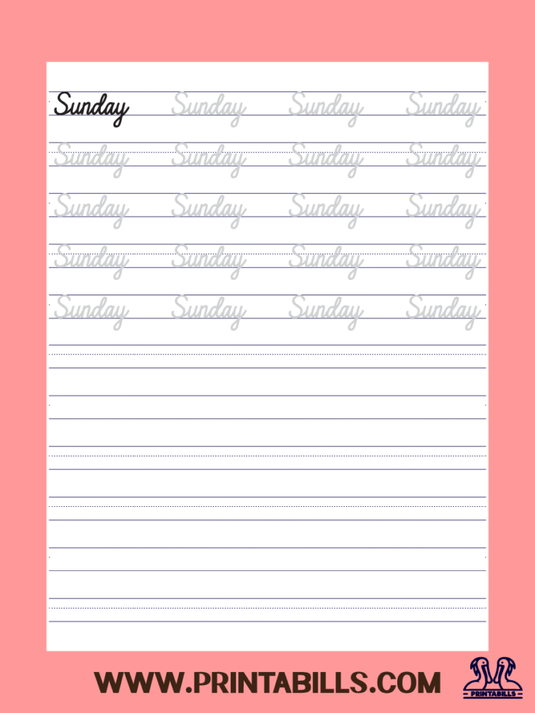 Sunday Cursive Tracing Practice Sheet Printable