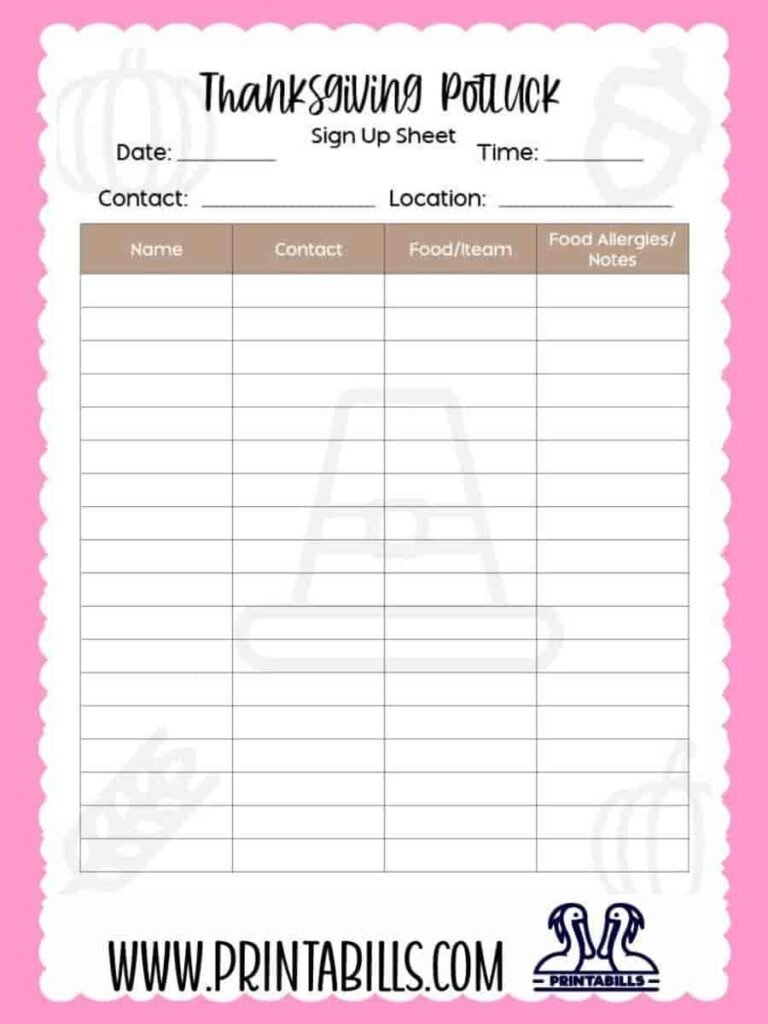 Thanksgiving Party Potluck Sign Up Sheet Printable