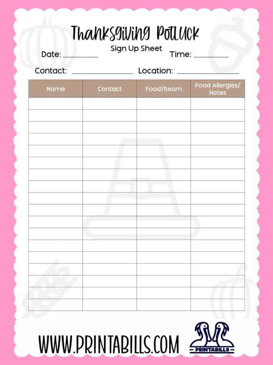 Thanksgiving Party Potluck Sign Up Sheet Printable