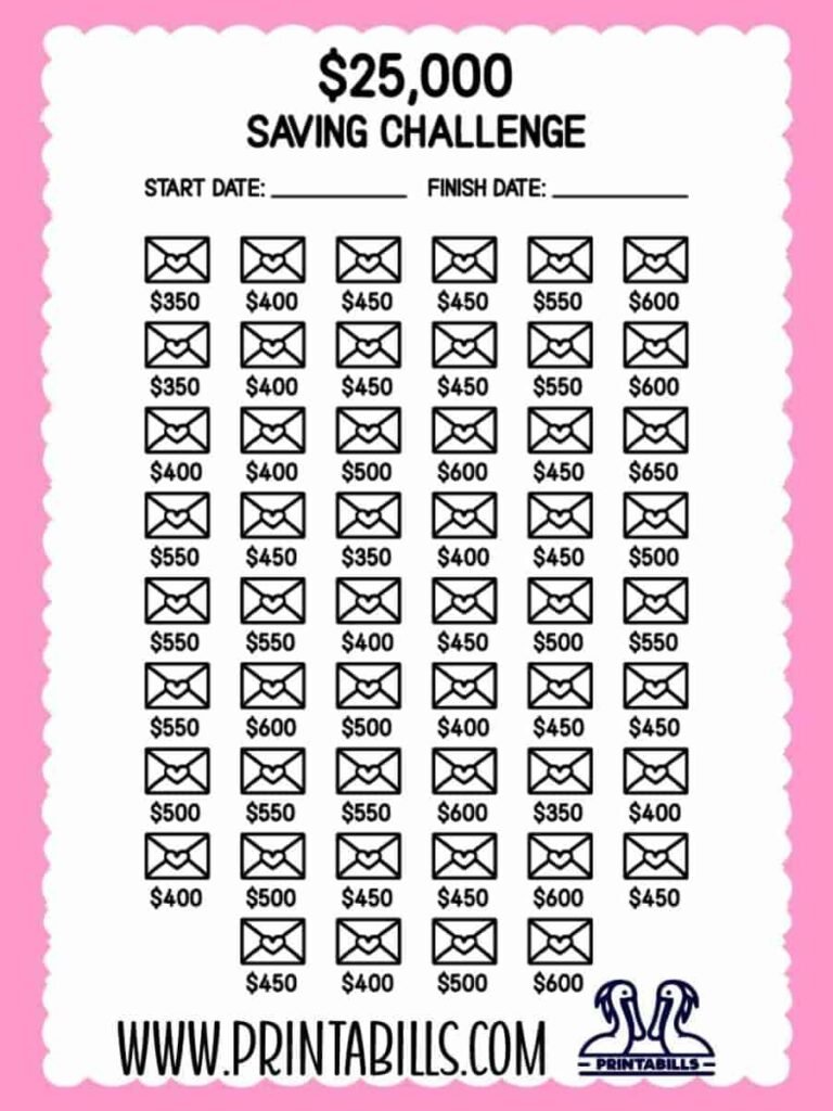 25k 52 Weeks Saving Challenge Printable Free