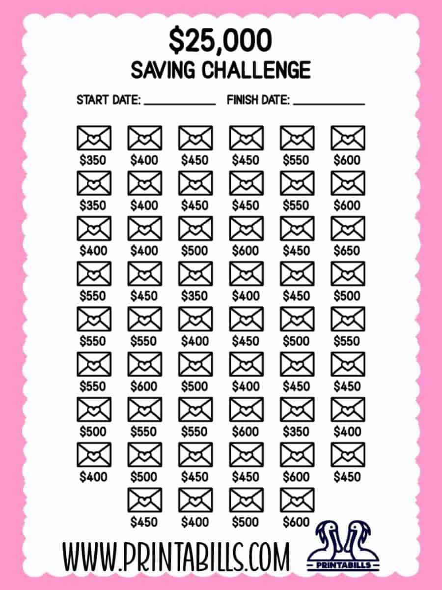25k 52 Weeks Saving Challenge Printable Free