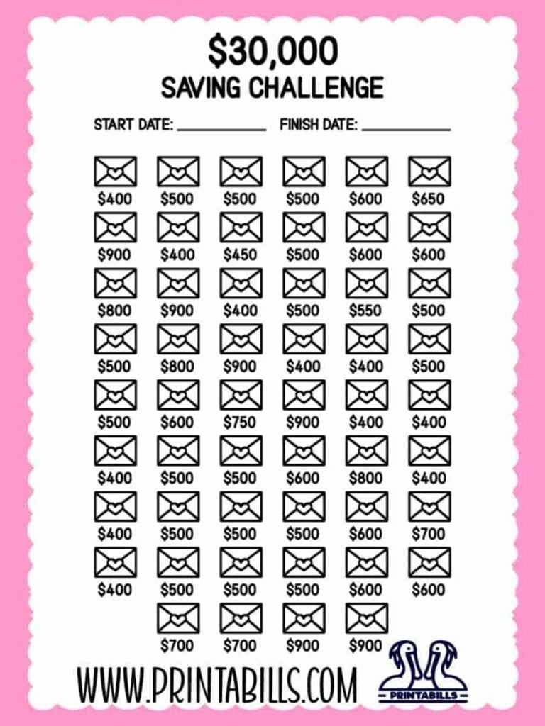 30k 52 Weeks Saving Challenge Printable Free