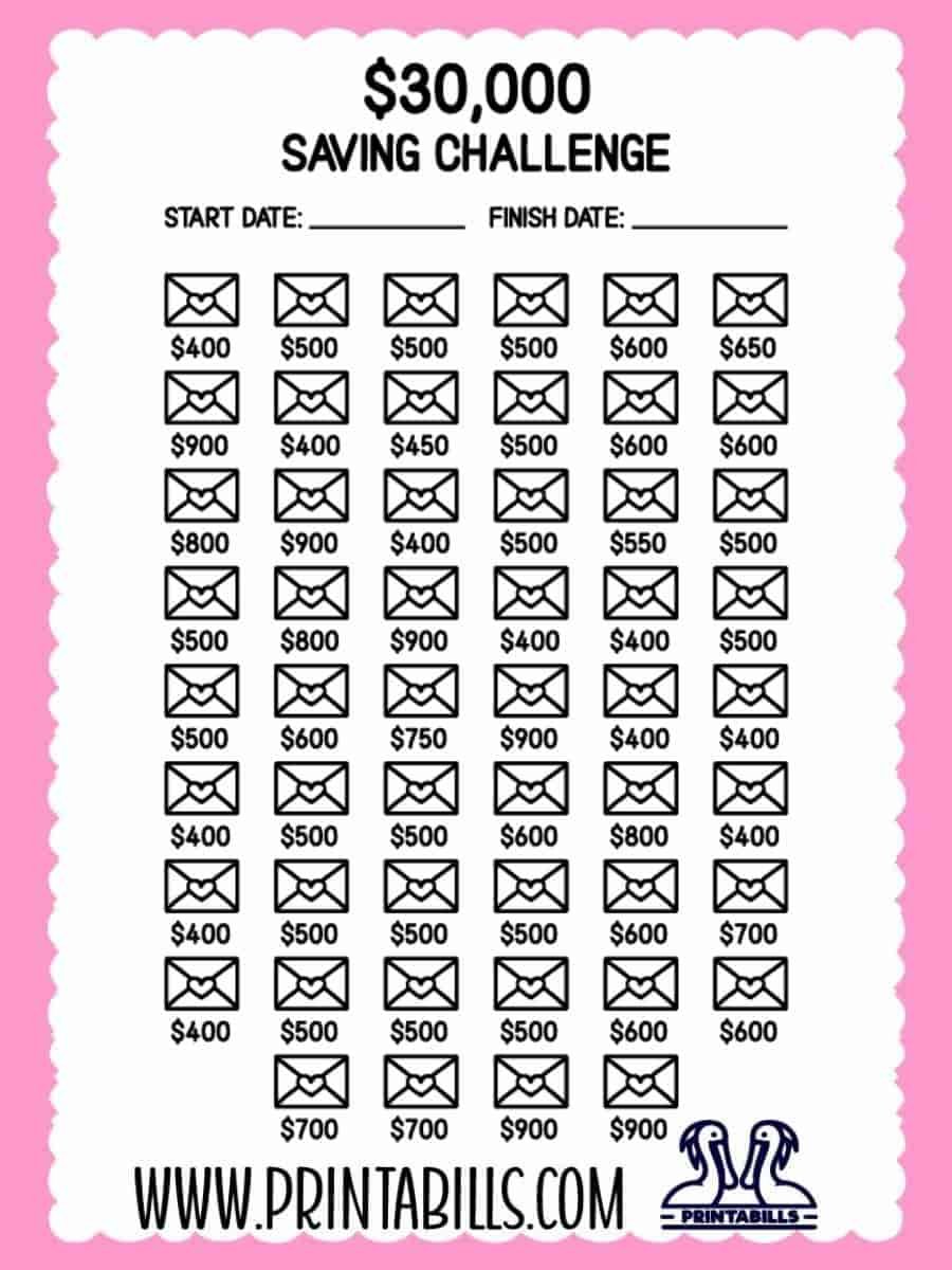 30k 52 Weeks Saving Challenge Printable Free