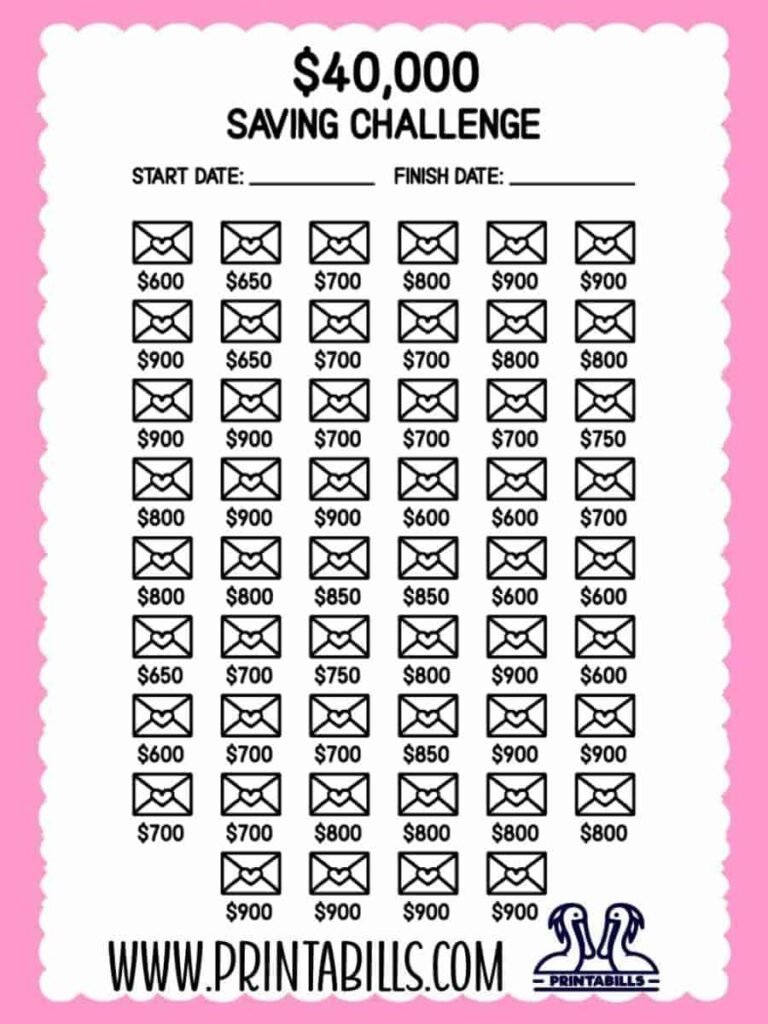 40k 52 Weeks Saving Challenge Printable Free