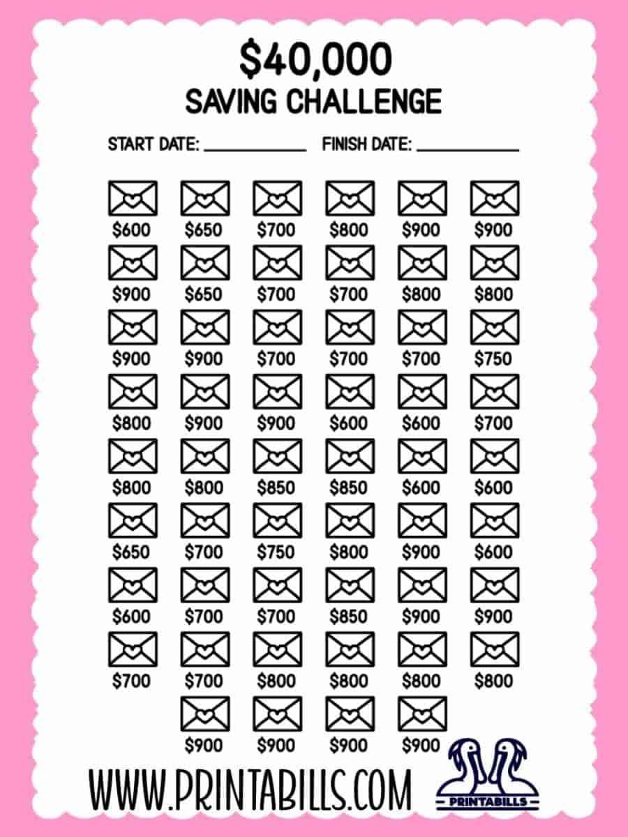 40k 52 Weeks Saving Challenge Printable Free