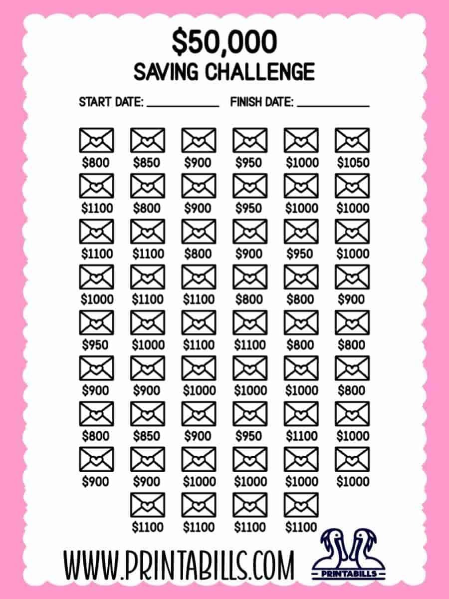50k 52 Weeks Saving Challenge Printable Free