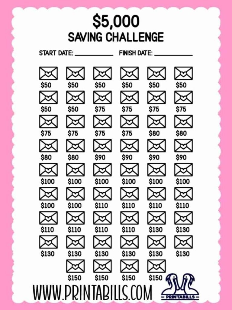 5k 52 Weeks Saving Challenge Printable