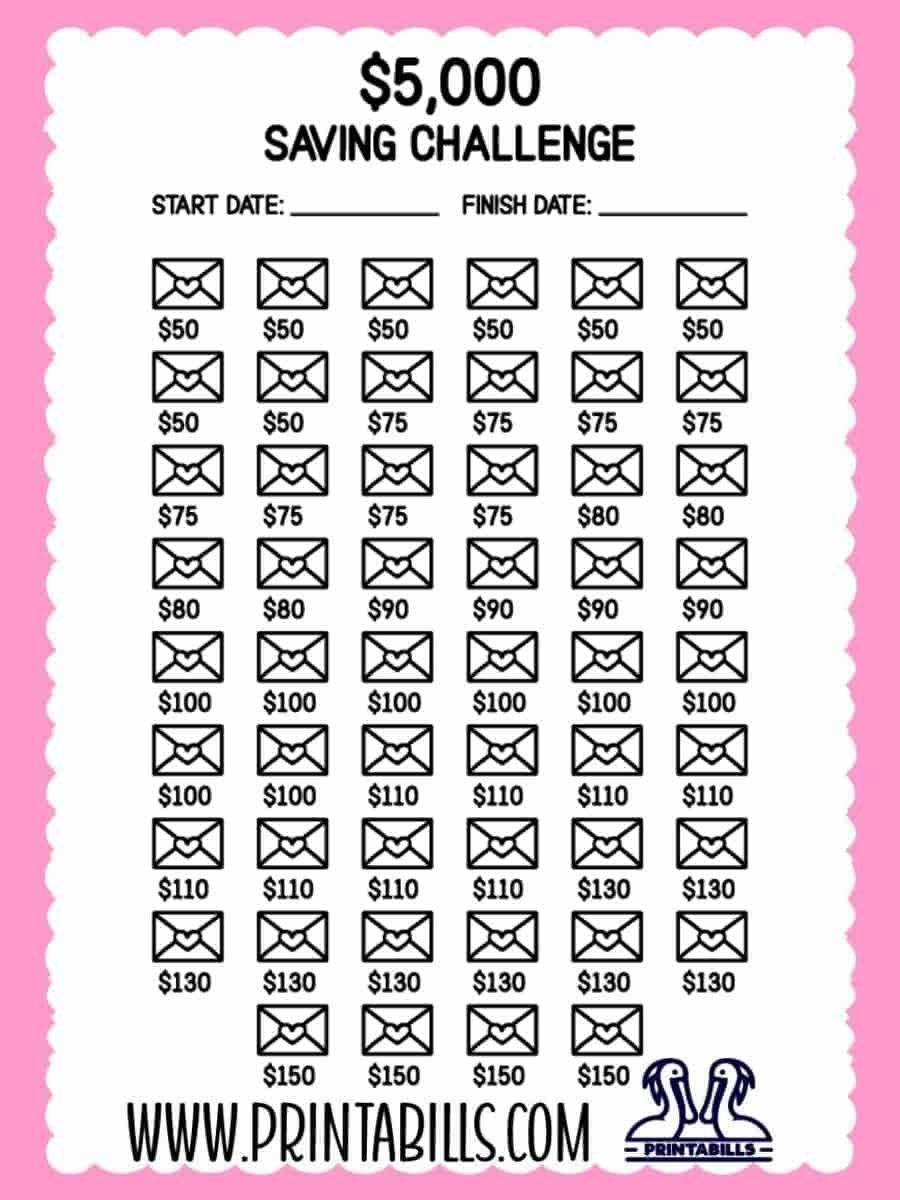 5k 52 Weeks Saving Challenge Printable