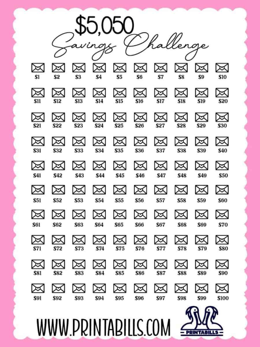 100 Envelope Savings Challenge Printable Free