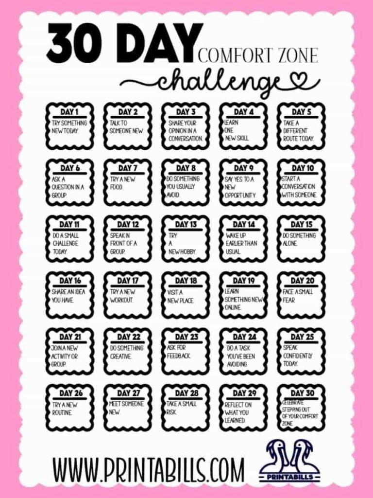 30 Day Comfort Zone Challenge Free Printable