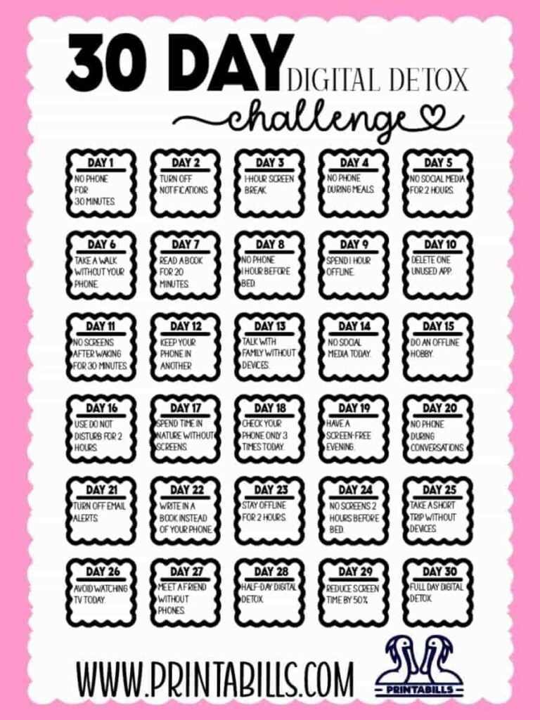 30 Day Digital Detox Challenge Free Printable