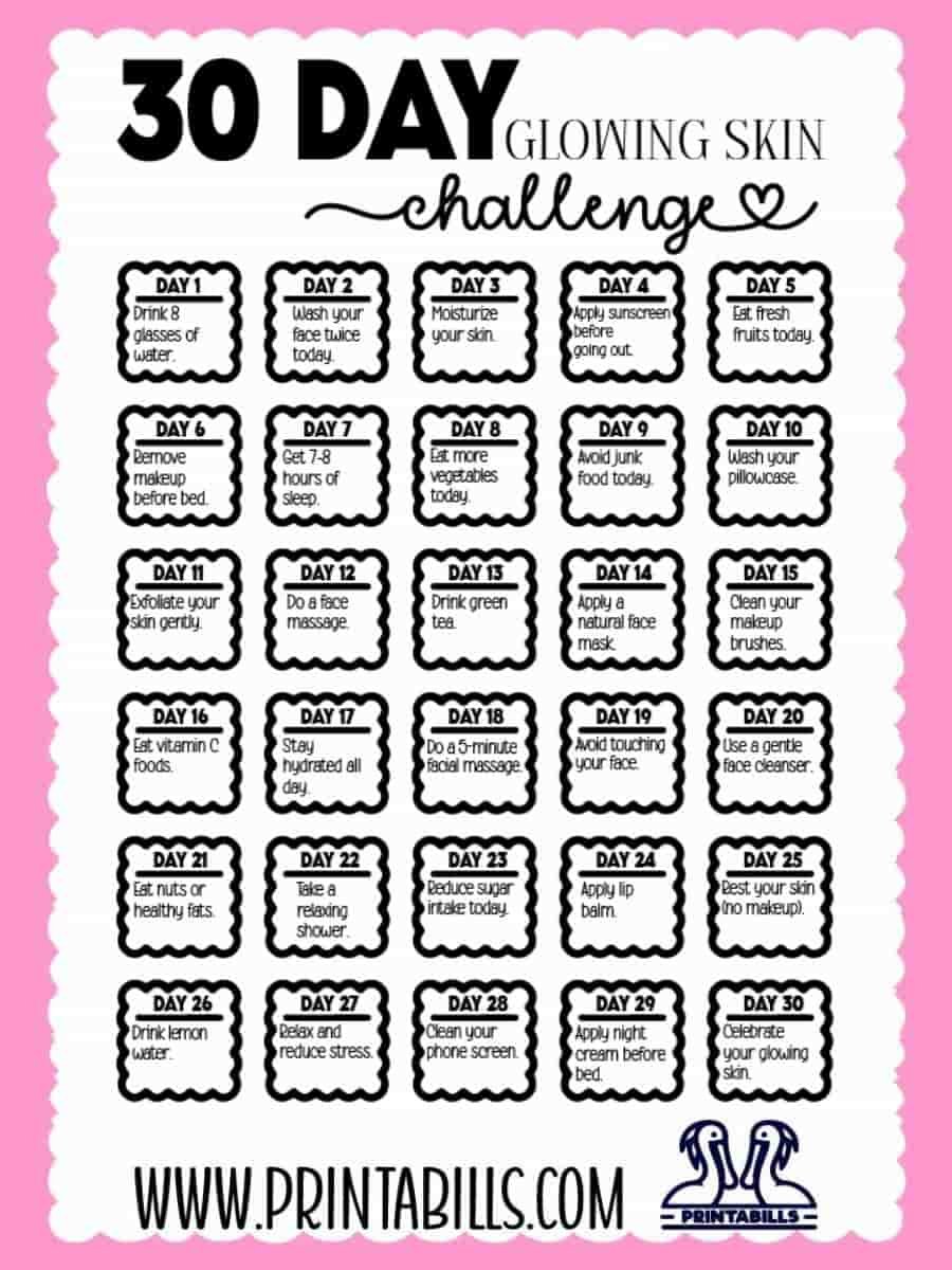 30 Day Glowing Skin Challenge free printable