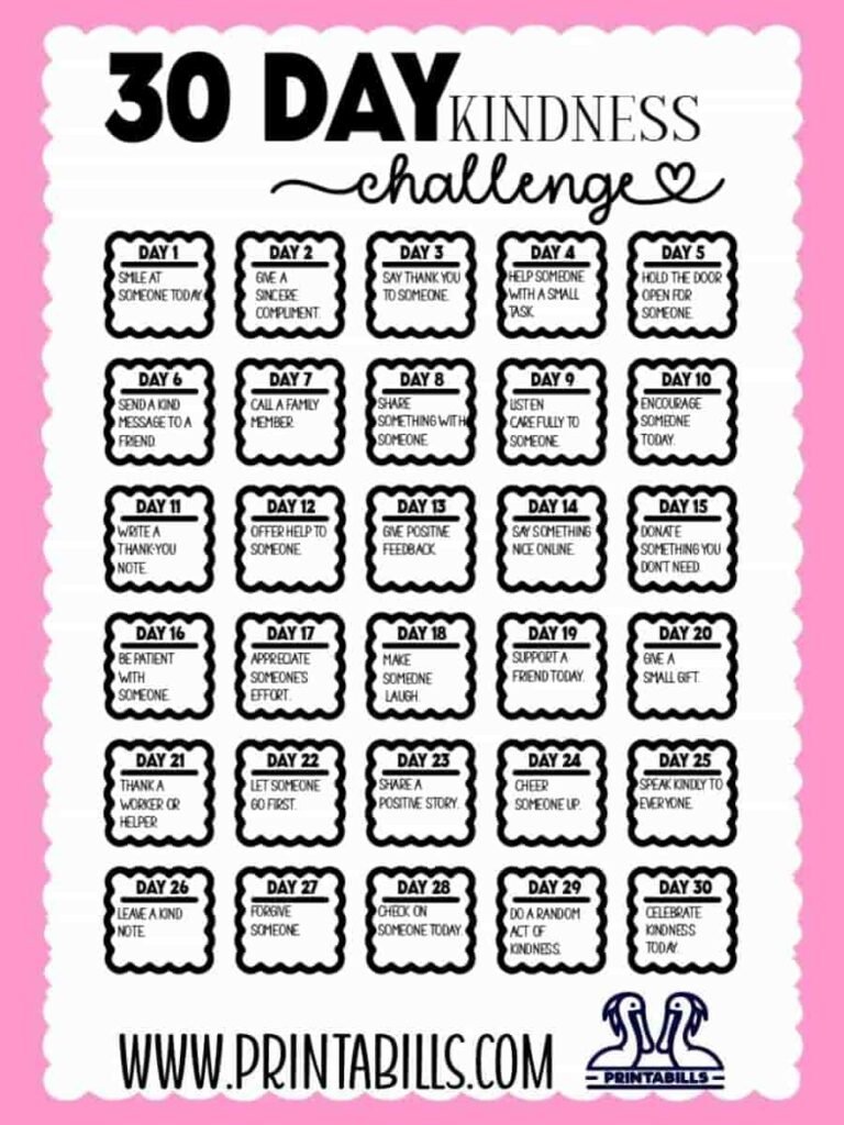 30 Day Kindness Challenge free printable