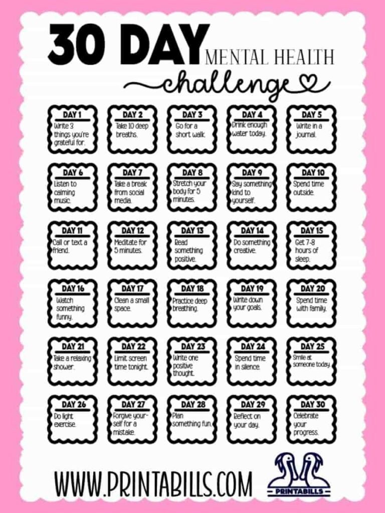 30 Day Mental Health Challenge free printable
