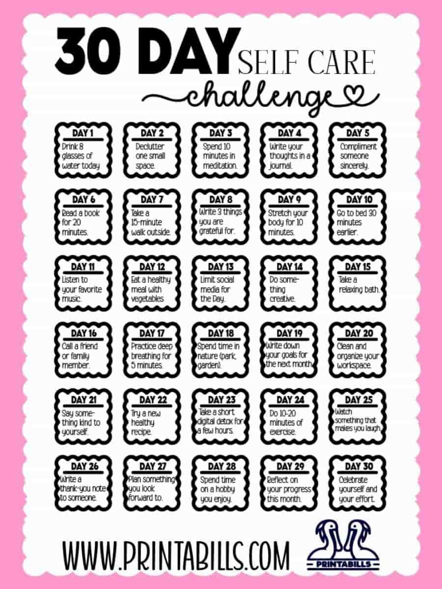 30 Day Self Care Challenge Free Printable