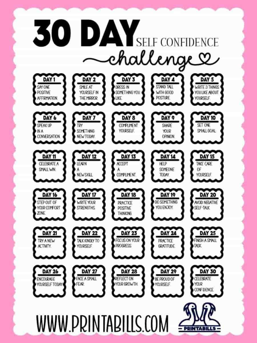 30 Day Self Confidence Challenge Free Printable