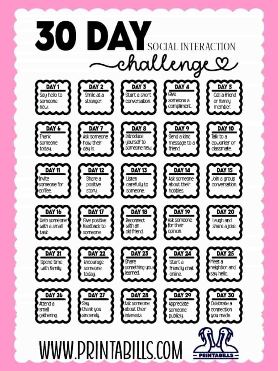 30 Day Social Interaction Challenge Free Printable