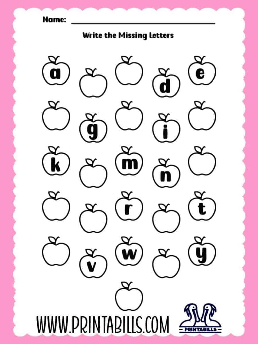 Apple Lowercase Missing Alphabet Worksheet for Pre-k and Kindergarten