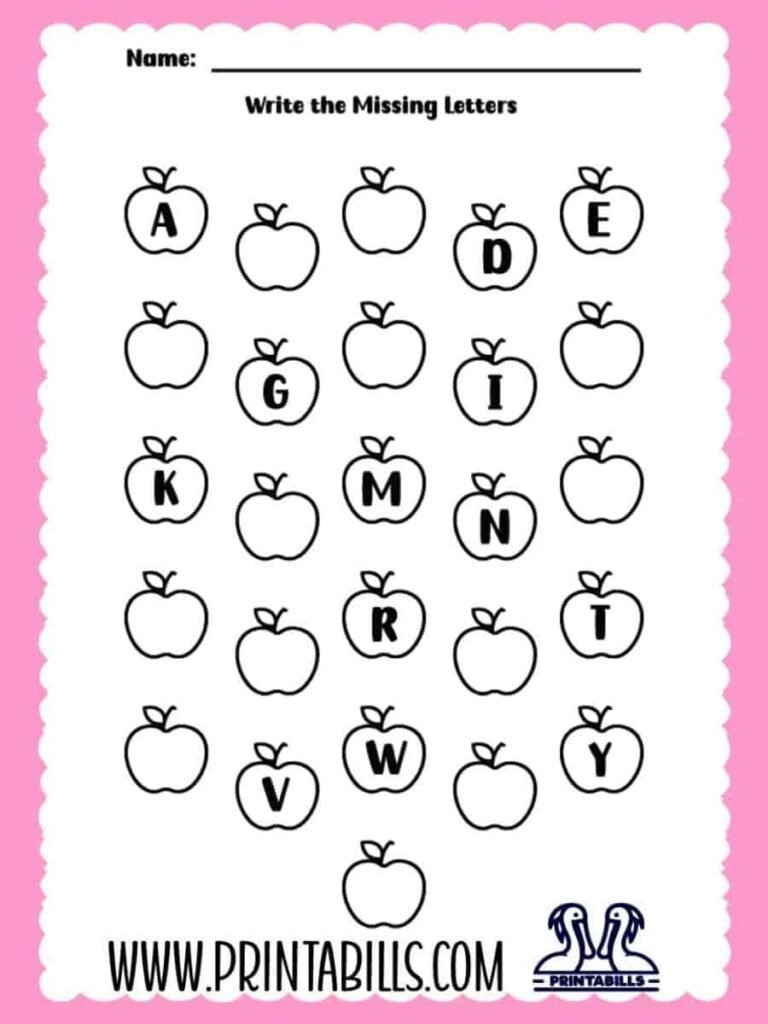 Apple Uppercase Missing Alphabet Worksheet for Pre-k and Kindergarten