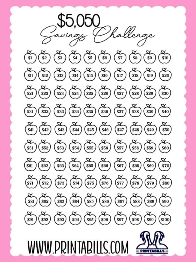 Apple 100 Envelope Savings Challenge Free Printable