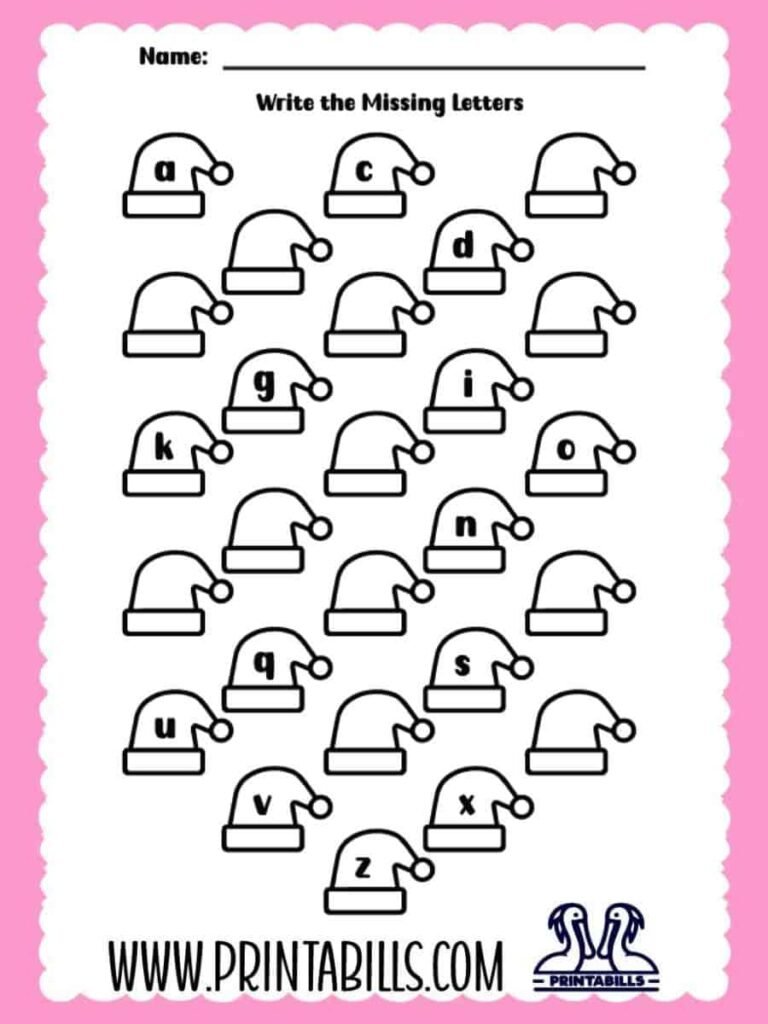Christmas Lowercase Missing Alphabet Worksheet for Pre-k and Kindergarten