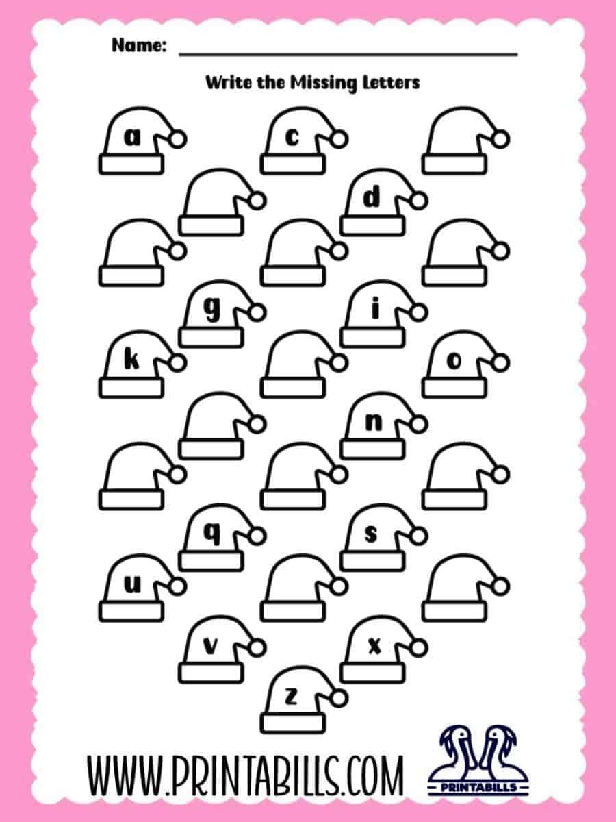 Christmas Lowercase Missing Alphabet Worksheet for Pre-k and Kindergarten