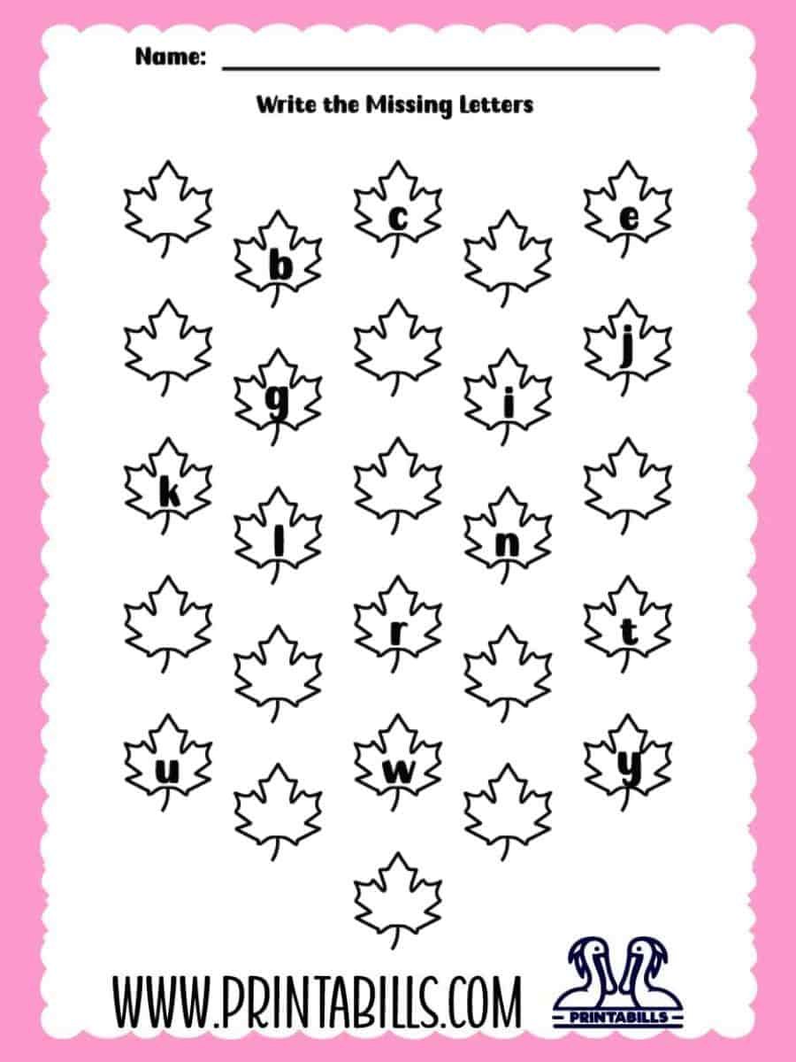 Fall Leaf Lowercase Missing Alphabet Worksheet for Pre-k and Kindergarten